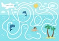 Summer maze for children. Preschool exotic activity. Funny puzzle with cute airplane, swimming boy, dolphins. Help the plane fly