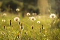 A summer meadow artistically blurred with wild flowers and dandelions highlighted by the evening sun Royalty Free Stock Photo