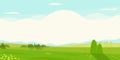 Summer meadow background. Farm panorama with rural flowers, countryside scenery with trees and grass, cloud bunner for