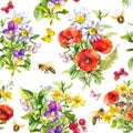 Summer meadow flowers, grasses, butterflies, honey bee. Seamless floral pattern. Watercolor Royalty Free Stock Photo