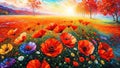 Summer meadow full of wild poppies oil painting on canvas, artistic vision of wild field poppies, summer flowers background