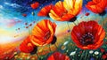 Summer meadow full of wild poppies oil painting on canvas, artistic vision of wild field poppies, summer flowers background Royalty Free Stock Photo