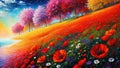 Summer meadow full of wild poppies oil painting on canvas, artistic vision of wild field poppies, summer flowers background Royalty Free Stock Photo