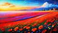 Summer meadow full of wild poppies oil painting on canvas, artistic vision of wild field poppies, summer flowers background