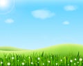 Summer meadow landscape with green grass, flowers, hills and sun. Vector illustration Royalty Free Stock Photo