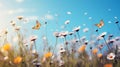 a summer meadow, with wildflowers swaying in the breeze and a few butterflies