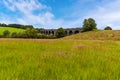 Summer meadows stretch out towards the derelict and abandoned viaduct near Catesby, Northamptonshire, UK