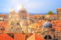 Summer mediterranean cityscape - view of the roofs of the Old Town of Dubrovnik with the Church of St. Blaise and the Assumption C Royalty Free Stock Photo