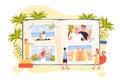 Summer memories in photo album, tiny people remember best time with family and friends