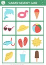 Summer memory game cards with cute beach objects. Matching activity with dolphin, sunglasses, ball, ice-cream. Remember and find