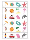 Summer memory game cards with cute beach objects. Matching activity. Remember and find correct picture card. Simple sea Royalty Free Stock Photo