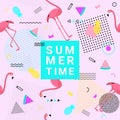 Summer memphis style background with flamingo, watermelon, pineapple and geometric shapes for promotion banner, flyer, party post