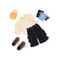 Summer men clothes, passports, bank card for holiday travel. Tourists stuff, accessories for vacation. Male apparel