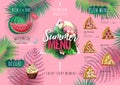 Summer menu design with flamingo and tropic leaves. Restaurant menu