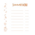 Summer menu design template for food and drink items with decorative elements Royalty Free Stock Photo