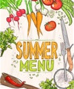 Summer menu poster vector template with raw vegetables