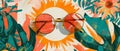 Summer merch with 70s Groovy Style Flowers, Sunglasses and Sun. Isolated lettering slogan print with hippie style