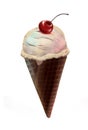 Digital hand drawn vanilla ice cream in the waffel chocolate cone with with cherry Royalty Free Stock Photo