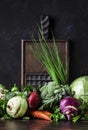 Summer mixed vegetables, healthy eating concept, still life on a dark background, selective focus Royalty Free Stock Photo