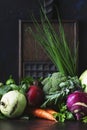 Summer mixed vegetables, healthy eating concept, still life on a dark background, selective focus Royalty Free Stock Photo