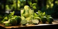 Summer mochito with lime and fresh mint, against the background of the green garden, brings a feel