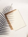 Summer mockup composition. Empty notebook and palm branch shadow on a white background. Vertical flat lay