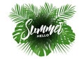 Summer. Modern design layout with lettering and tropic jungle leaves bouquet. Summer exotic background