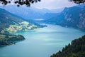 Summer, Mondsee lake, Austria - aerial view from Drachenwand ridge showing turquoise waters with mountains in the background Royalty Free Stock Photo