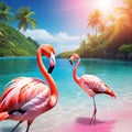 summer mood animal pink flamingo wearing headphone at tropical