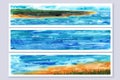 Summer mood canvas wall art tryptich. Blue, beige, yellow, green, warm colors. Soft calm landscape with field, trees