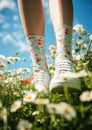 Summer mood. Close-up of a girl& x27;s feet in white socks walking in a chamomile field.