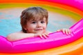 Summer mood. Home pool. Rest for child. Self isolation. Quarantine. Boy in the pool at home isolation during coronavirus Royalty Free Stock Photo