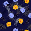 Summer mood seamless vector floral pattern,Dark on navy blue background with tropical flowers, palm leaves, jungle leaf, hibiscus, Royalty Free Stock Photo