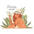 Summer mood. Woman with a cocktail. Vector