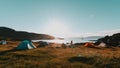 summer morning at camping ground sith several tents on wild lake, neural network generated picture