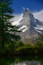 summer morning on the Grindjisee lake with Matterhorn peak backdrop in the in Swiss Alps, Zermatt location, Valais canton, Switz Royalty Free Stock Photo