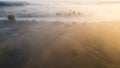 Summer morning nature. Aerial view river in sunlight. Wild riverside in fog Royalty Free Stock Photo