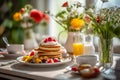 Summer Morning Pancakes with Fresh Fruit and Cream Royalty Free Stock Photo