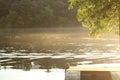 Summer morning river fog and dock with swim ladder