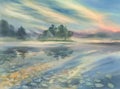 Summer morning watercolor landscape