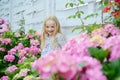 Summer. Mothers or womens day. Little girl at blooming flower. Childrens day. Small baby girl. Spring flowers. Childhood