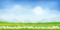 Summer mountain landscape with blue sky and clouds, Panorama Green fields, fresh and peaceful rural nature in springtime with