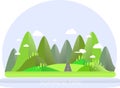 Summer mountain landscape. Green hills, trees, blue sky, white clouds, grey highway. Flat design