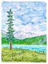 Summer Mountain Landscape with Tall Fir Tree and Tarn