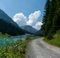 Summer mountain landscape with turquoise lake and gravel road bordered by wildflowers Royalty Free Stock Photo