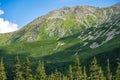 Summer mountain panorama from Hala Gasienicowa. View to Zolta Turnia mountain, blue cloudless sky