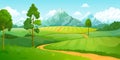 Summer mountains landscape. Cartoon nature green hills scene with blue sky trees and clouds. Vector rural countryside