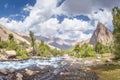 Summer mountains landscape. Mountain river in valley in Tajikistan. Beautiful view on scenery rocks and mountain nature Royalty Free Stock Photo