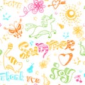 Summer multicolored childish seamless pattern with doodle hand-drawn cats, unicorns, hearts, flowers and cheerful text