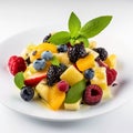 Summer multicolored fruit salad of mango, kiwi, raspberry, blueberry, in a plate on a white background